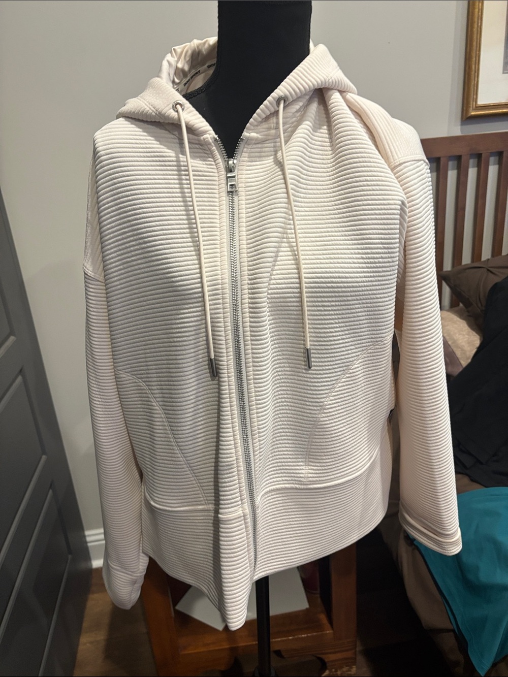 Dkny Cream Ribbed Zip-Front Hoodie Jacket